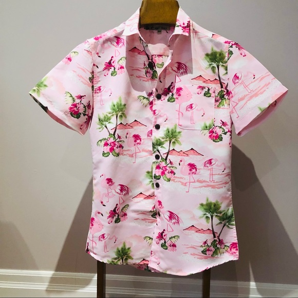 NWOT pink Maui Maui flamingos & dunes button down collared short sleeved  sz M - Picture 5 of 7